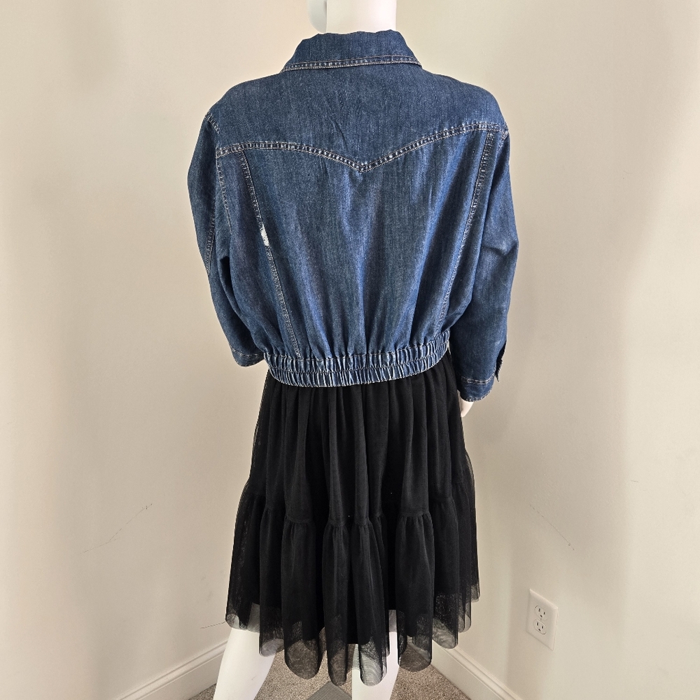 Women's plus size Blue Denim shirt Jacket with Black tulle Skirt attached.